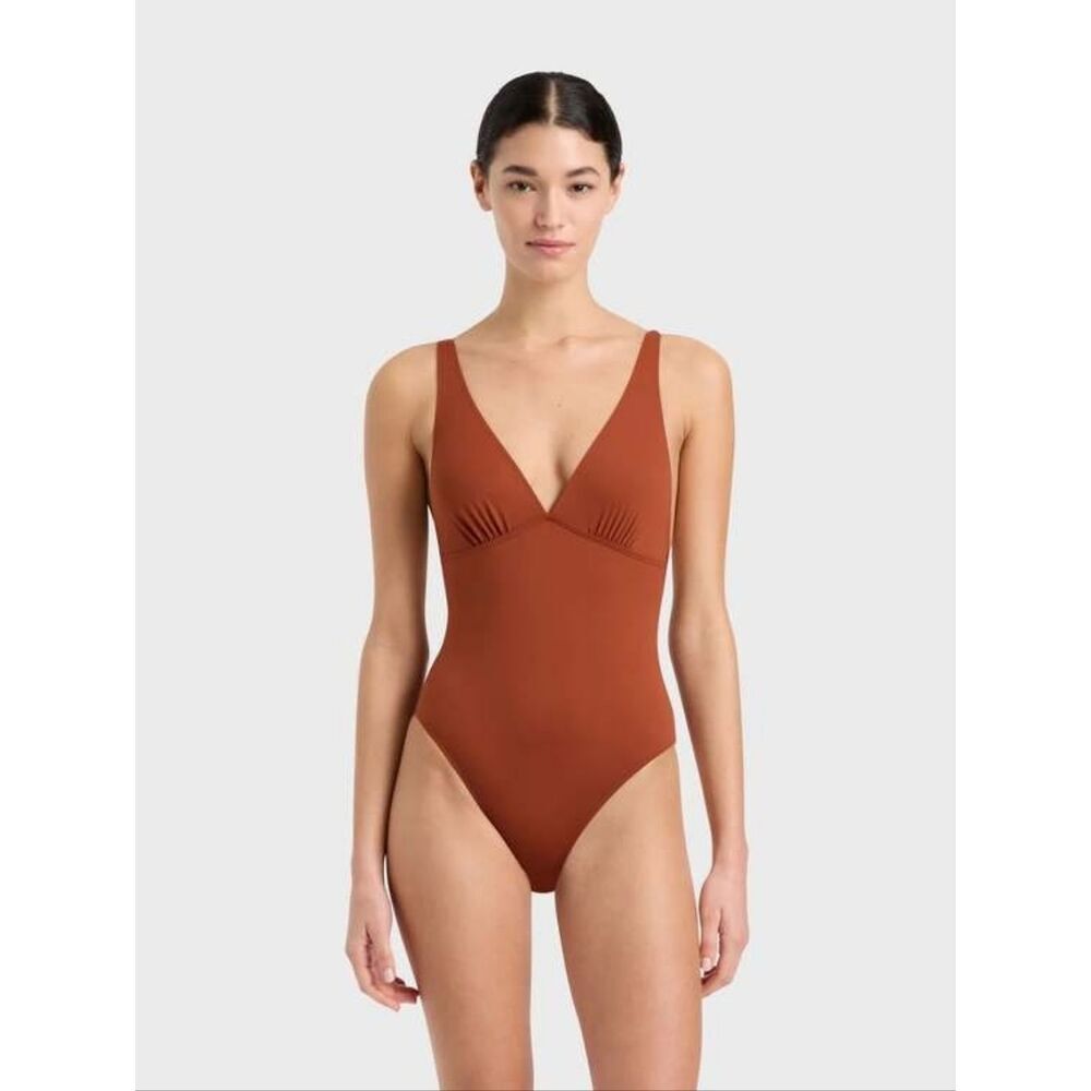 Bondi Born Juliet One-Piece V-Neck  Swimsuit In Copper Size Large